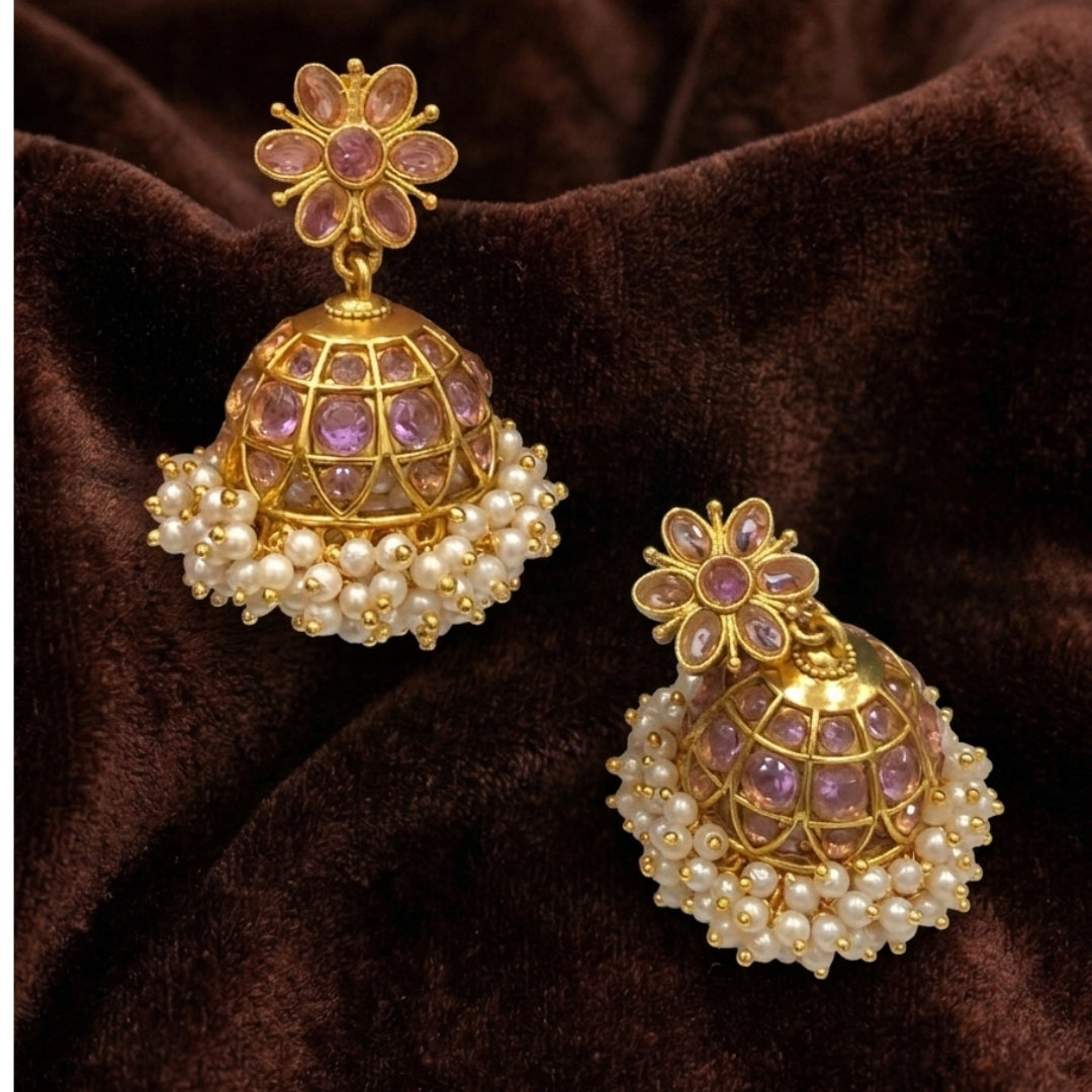 Floral Kemp Stone Pearl Hanging Jhumkas