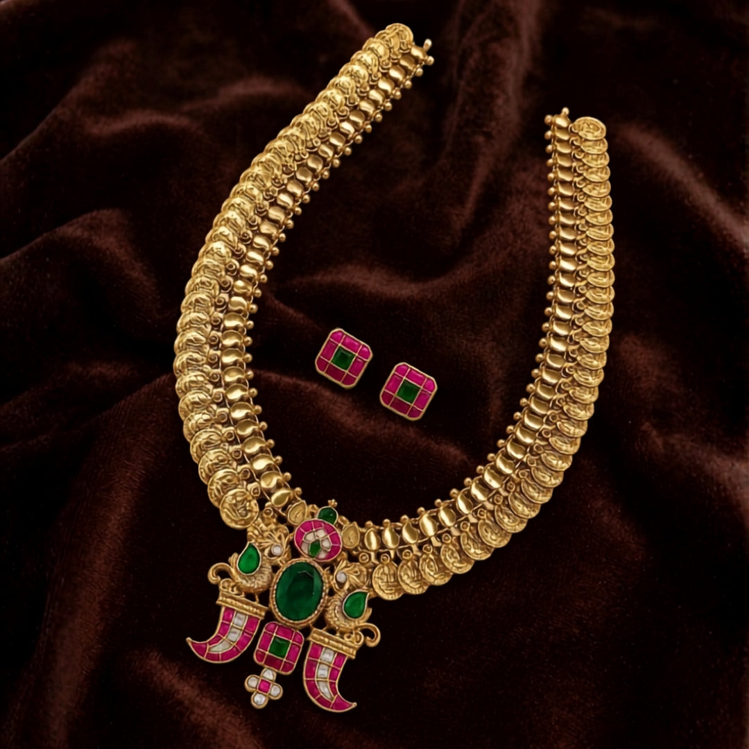 Jadau Kundan Peacock Motif & Kasu Mala Long Haaram Set