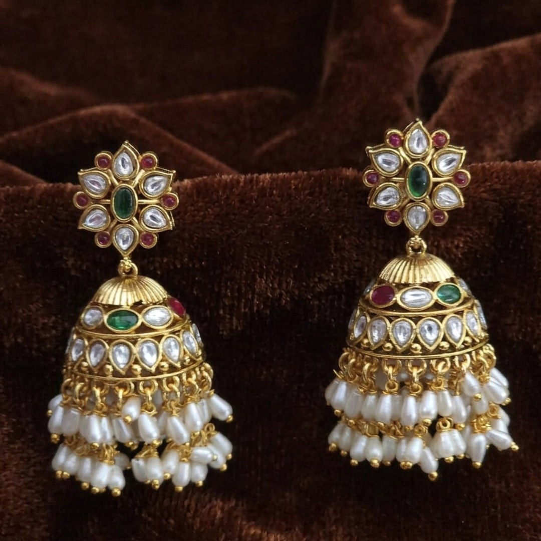 Jadau Kundan Floral Pearl-Drop Jhumkas