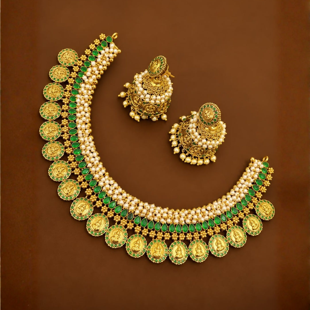 Heavy Pearl Temple Coin Necklace
