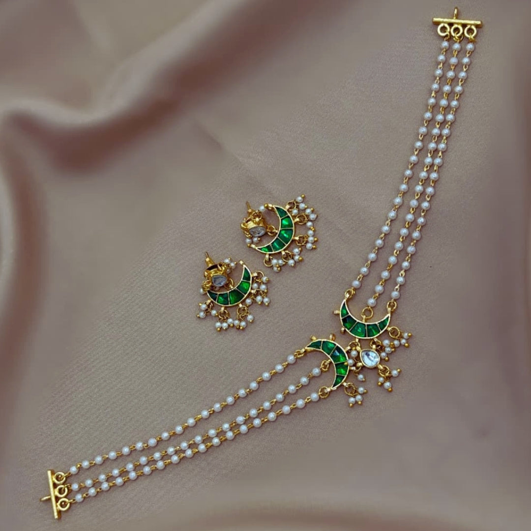 Three-Strand Pearl & Crescent Kundan Choker Set