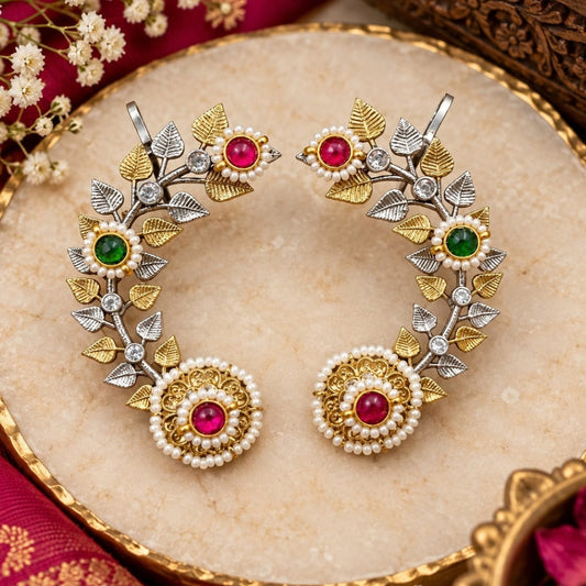 Oxidized Dual-Finish Ear Cuffs with Jhumkas