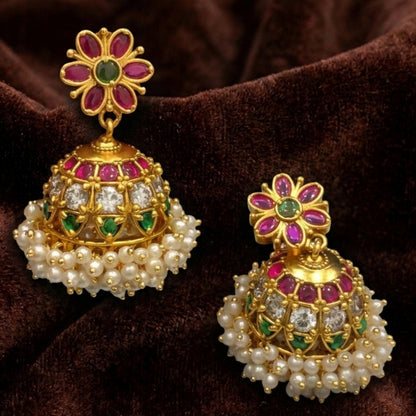 Floral Kemp Stone Pearl Hanging Jhumkas