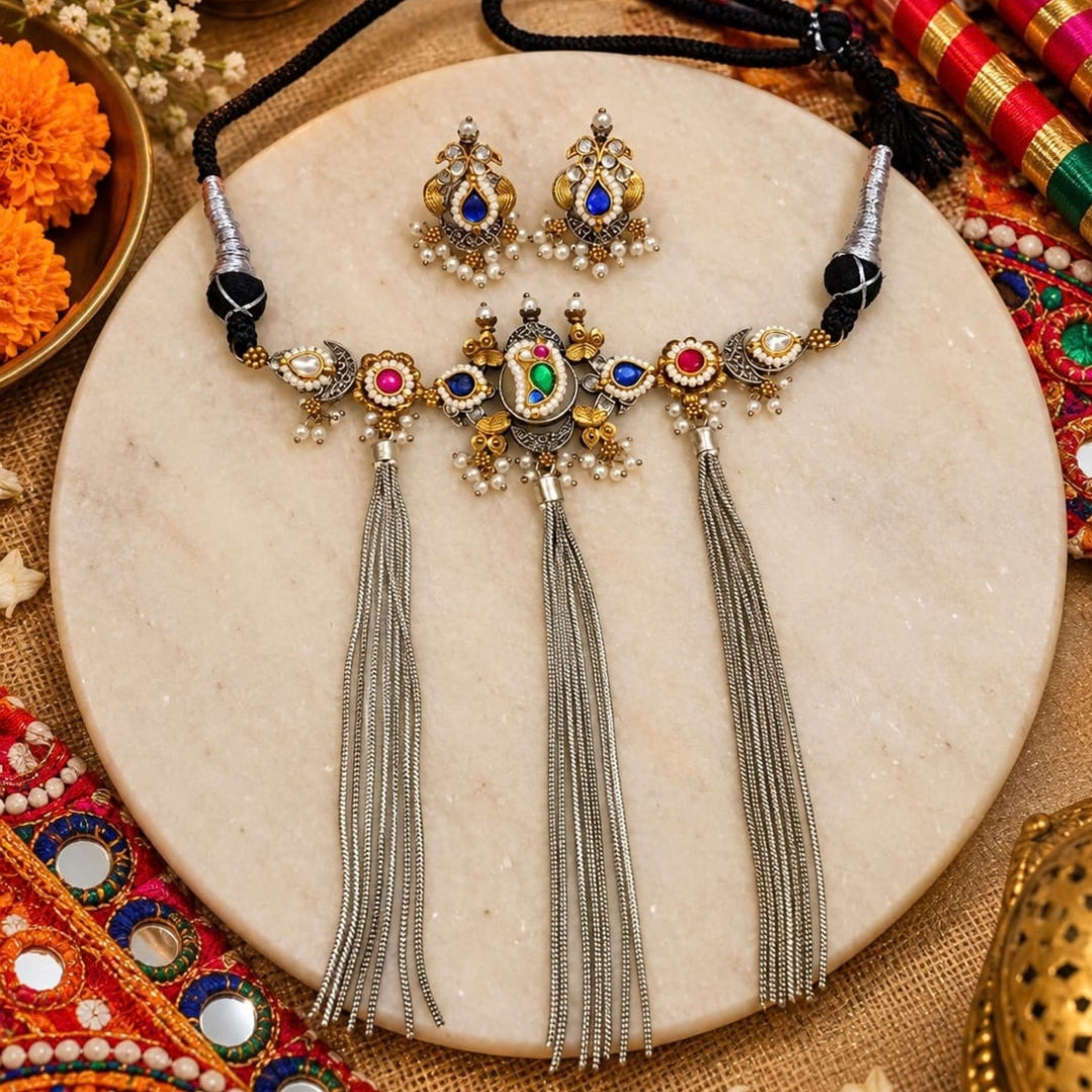 Oxidized Brass Pachi kundan Choker Set