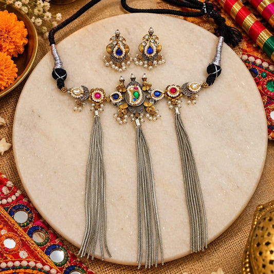 Oxidized Brass Pachi kundan Choker Set
