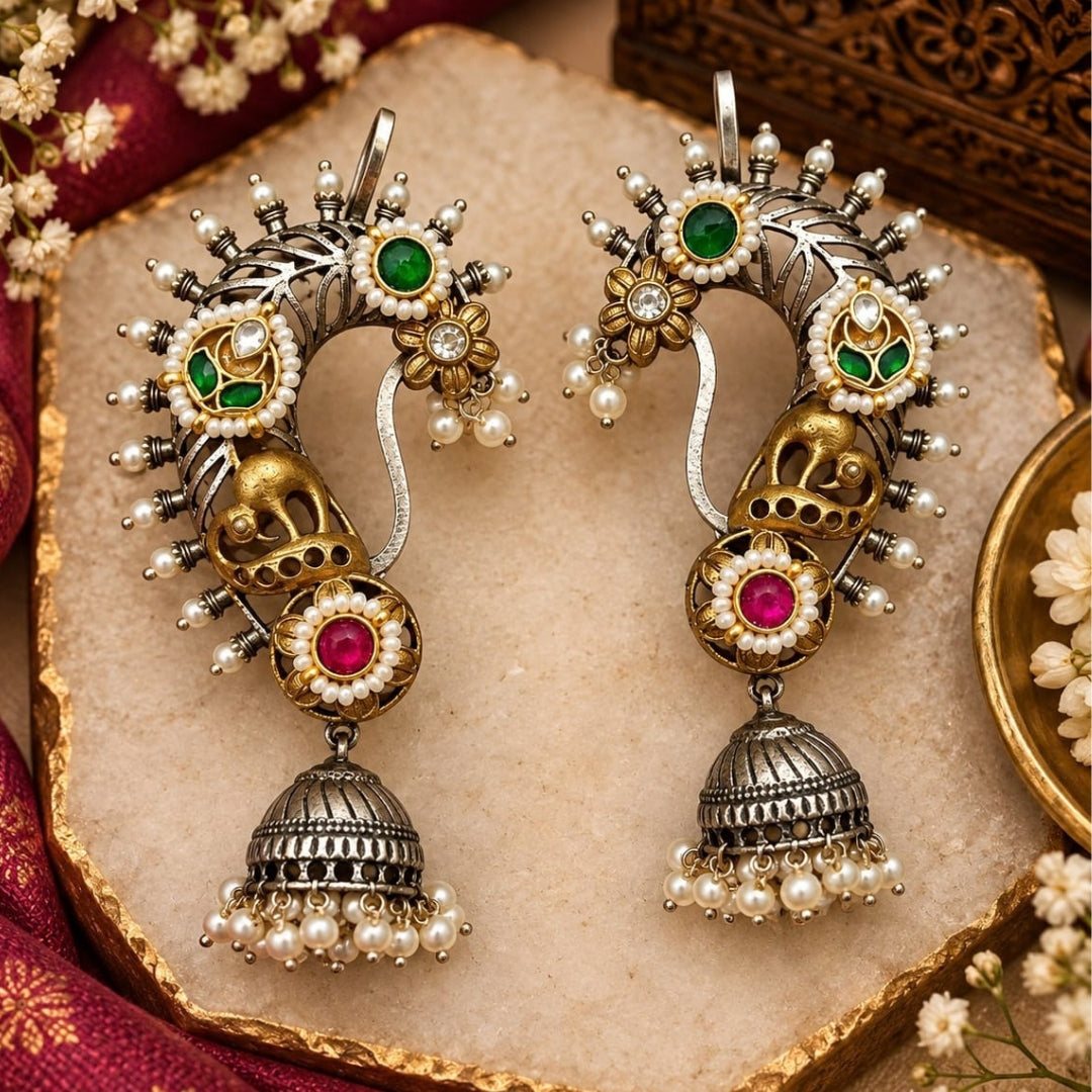 Oxidized Dual-Finish Ear Cuffs with Jhumkas