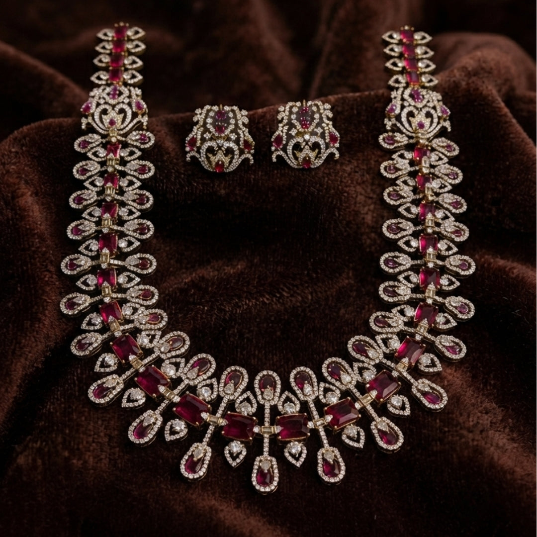 Premium Ruby & American Diamond Long Necklace Set