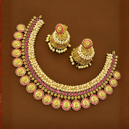 Heavy Pearl Temple Coin Necklace
