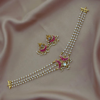 Three-Strand Pearl & Crescent Kundan Choker Set