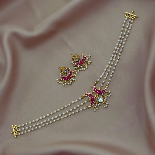 Three-Strand Pearl & Crescent Kundan Choker Set